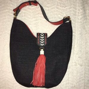 Badgley Mischka Large Straw & Leather Tote Black